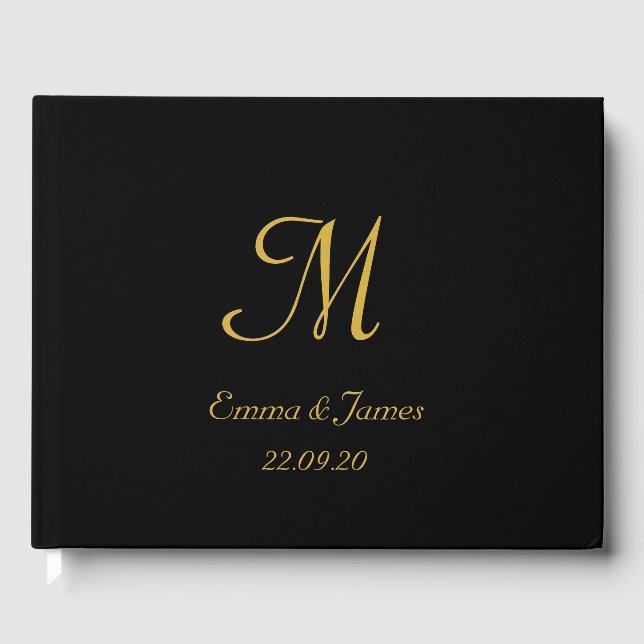 Elegant Black and Gold Monogram Script Wedding  Guest Book (Front)