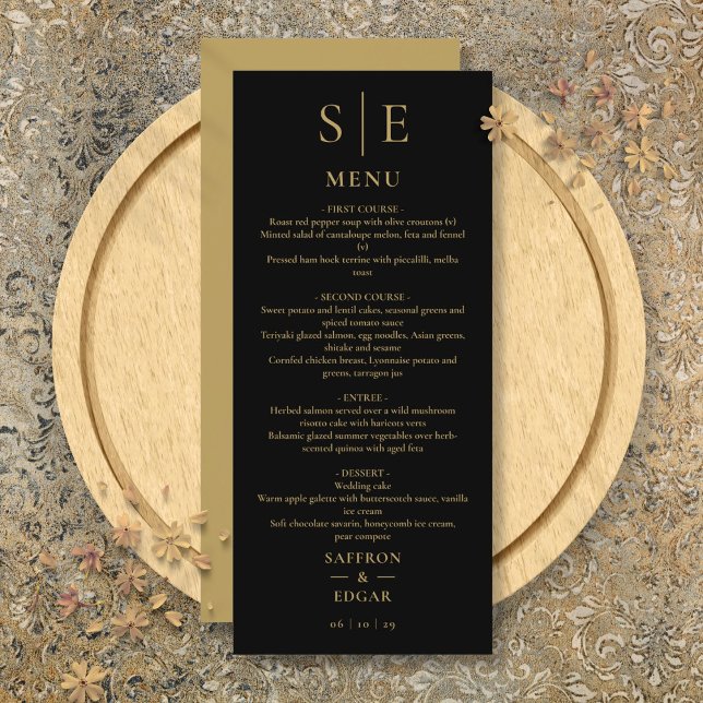 Elegant Black And Gold Monogram Wedding Dinner Menu (Elegant Black And Gold Monogram Wedding Dinner Menu)