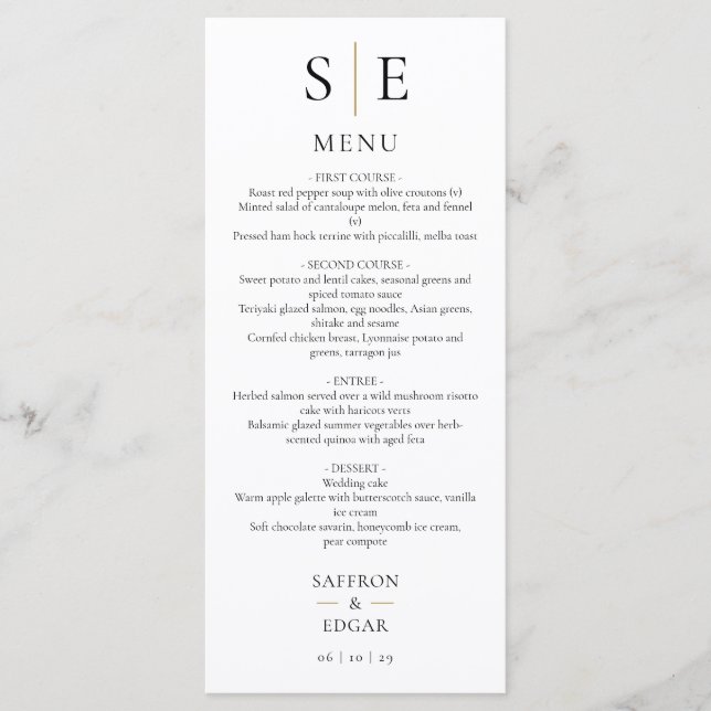 Elegant Black And Gold Monogram Wedding Dinner Menu (Front)