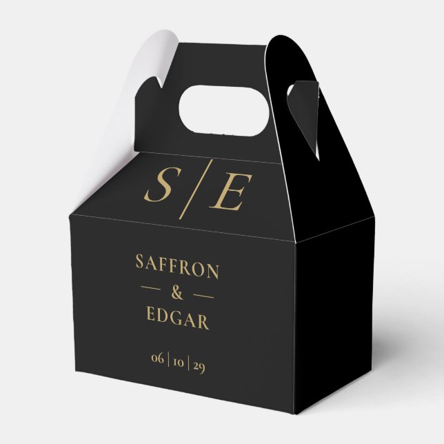Elegant Black And Gold Monogram Wedding Favour Box (Front Side)