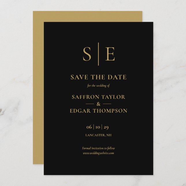Elegant Black And Gold Monogram Wedding Save The Date (Front/Back)