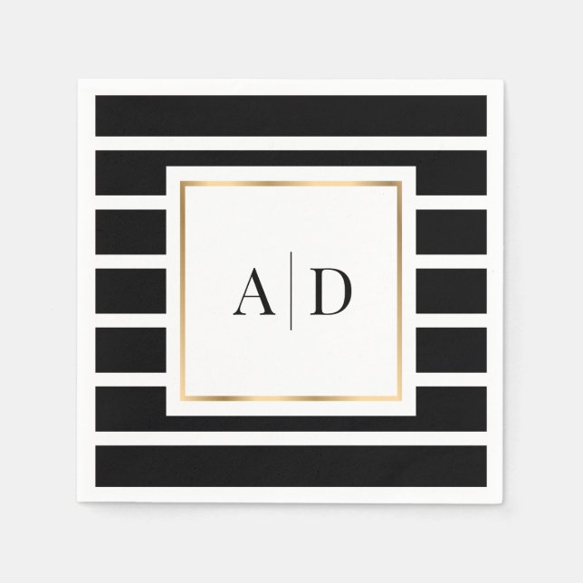 Elegant Black and Gold Monogrammed Wedding Napkins (Front)