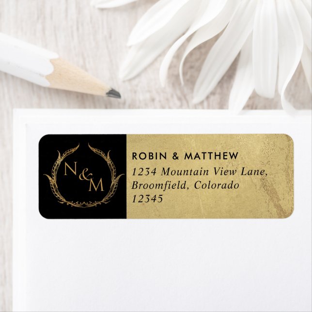 Elegant Black and Gold Monogrammed Wedding Return Address Label (Insitu)
