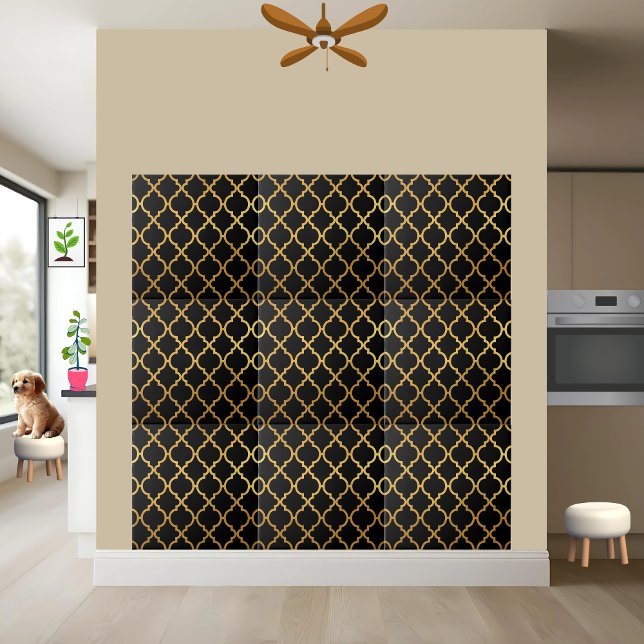 Elegant Black and Gold Moroccan Trellis Pattern Ceramic Tile (Creator Uploaded)