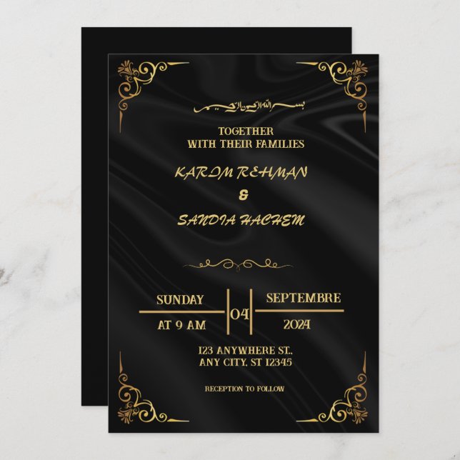 Elegant Black and gold Muslim Wedding Invitation (Front/Back)