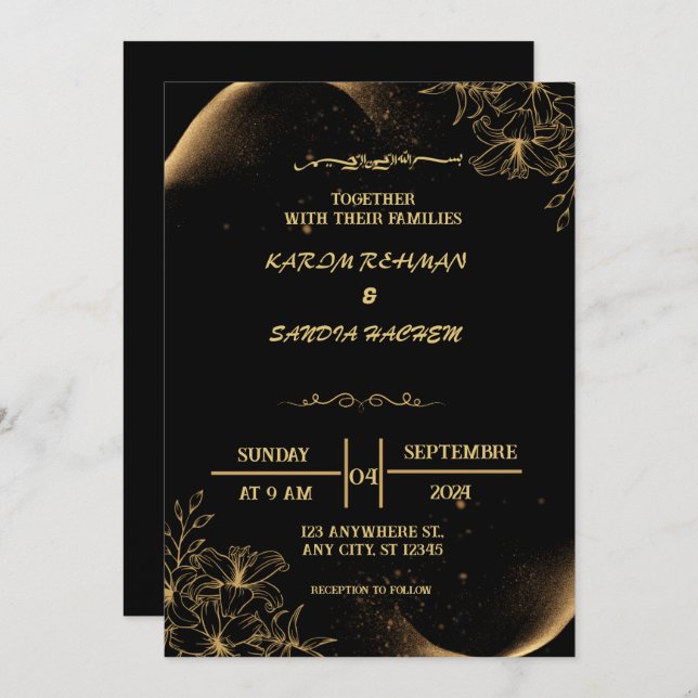 Elegant Black and gold Muslim Wedding Invitation (Front/Back)