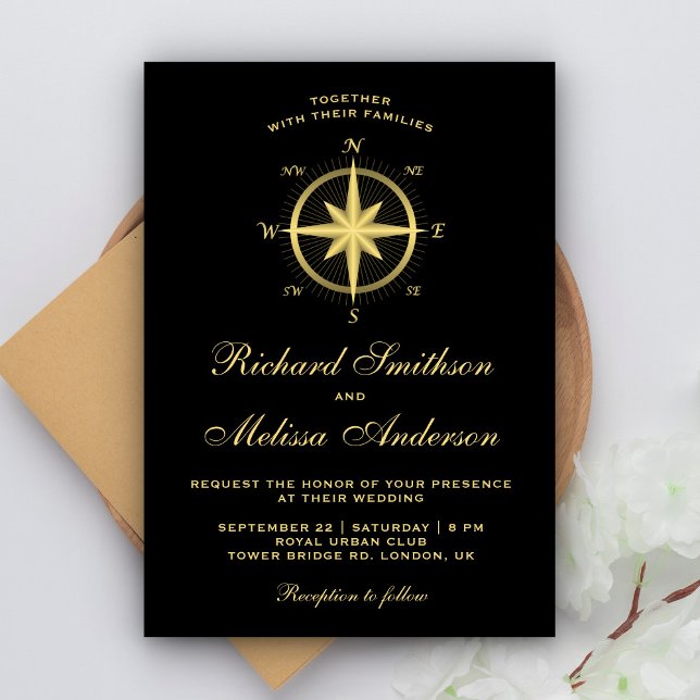 Elegant Black and Gold Nautical Compass Wedding Invitation (Creator Uploaded)