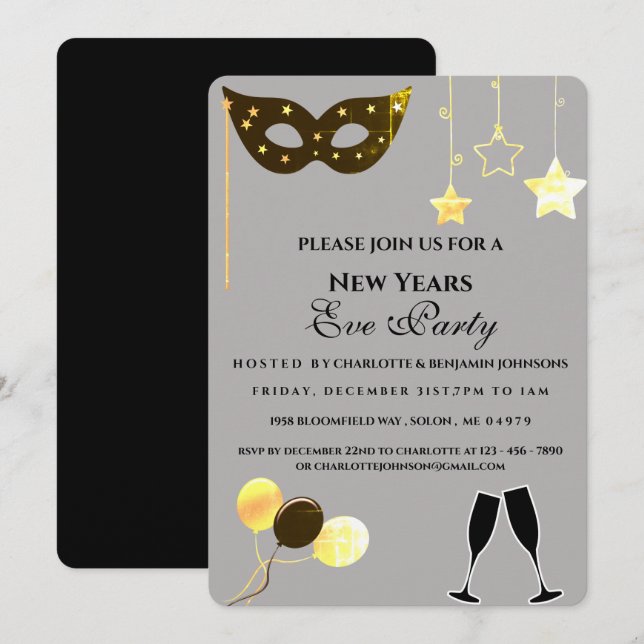 Elegant Black And Gold New Years Eve Party Invitation (Front/Back)