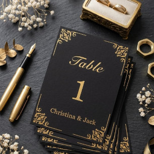 Elegant Black and Gold Ornate Flourish Wedding Table Number
