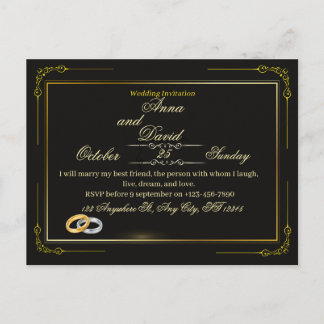Elegant Black and Gold Ornate Luxury Wedding Invitation Postcard