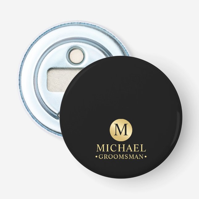 Elegant Black and Gold Personalised Groomsmen Bottle Opener (Front)