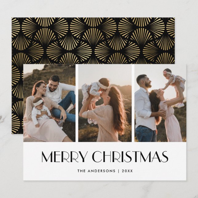 Elegant Black and Gold Photo Collage Christmas Holiday Card (Front/Back)
