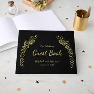 Elegant Black and Gold Photo Wedding Guest Book