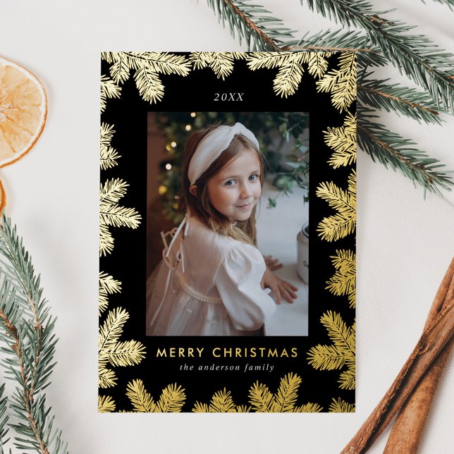 Elegant Black and Gold Pine Frame Photo Foil Holiday Card (Creator Uploaded)