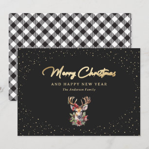 Elegant Black and Gold Plaid Merry Christmas Holiday Card