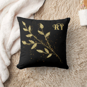 Elegant black and gold Plant monogram  Cushion