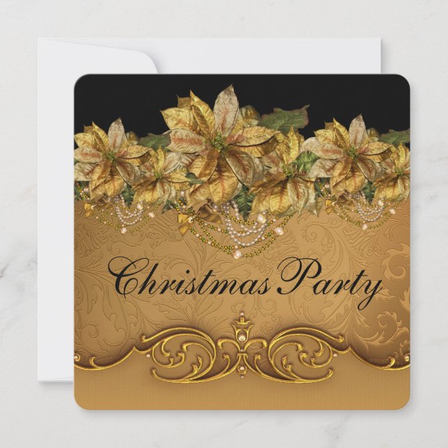 Elegant Black and Gold Poinsettia Christmas Party Invitation (Front)