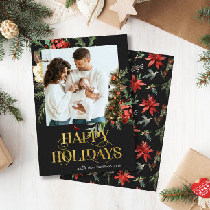 Elegant Black and Gold Poinsettia Photo Christmas Holiday Card