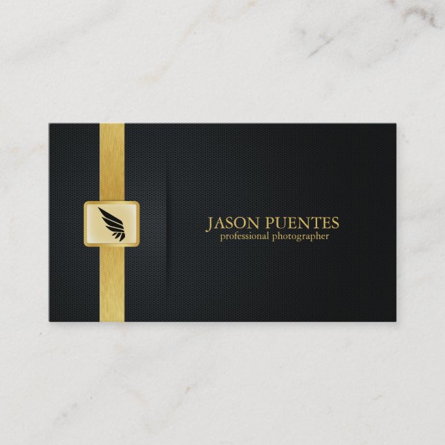 Elegant Black and Gold Professional Photographer Business Card (Front)