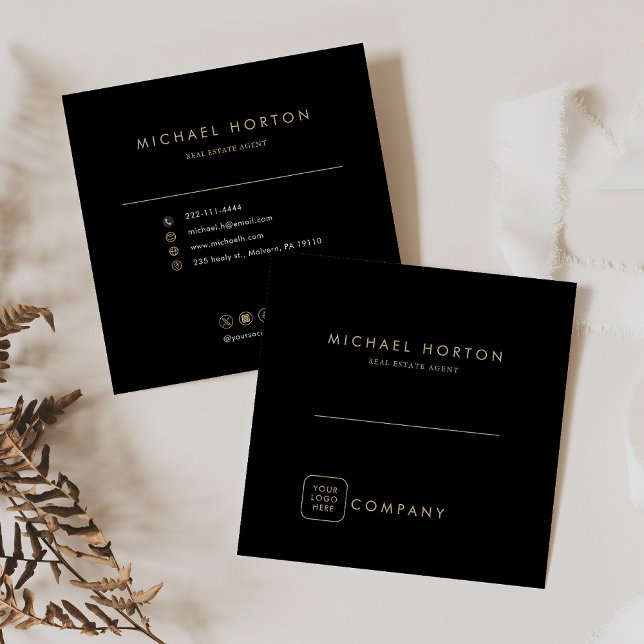 Elegant Black and Gold Real Estate Agent Square Business Card (Creator Uploaded)