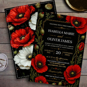 Elegant Black and Gold Red Poppy Vintage Floral Invitation