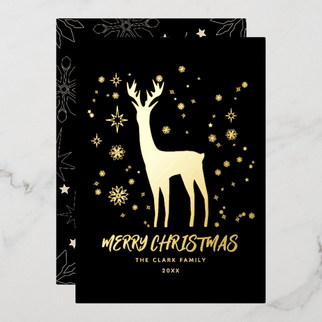 Elegant Black and Gold Reindeer Merry Christmas Foil Holiday Card (Front/Back)
