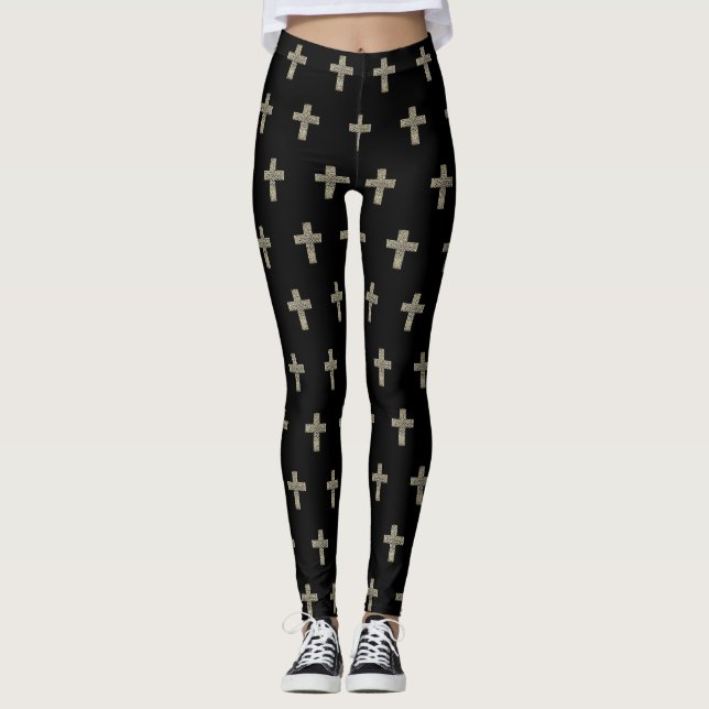 Elegant Black and Gold Religious Cross Pattern Leggings (Front)