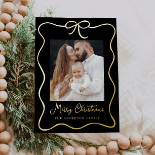 Elegant Black and Gold Ribbon Bow 2 Photo Foil Holiday Card