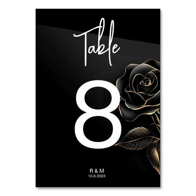 Elegant Black and Gold Rose Table Number (Front)