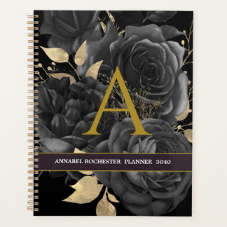 Elegant Black and gold roses Monnogrammed  Planner