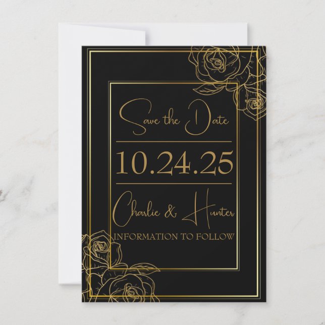 Elegant Black and Gold Save the Date Card (Front)