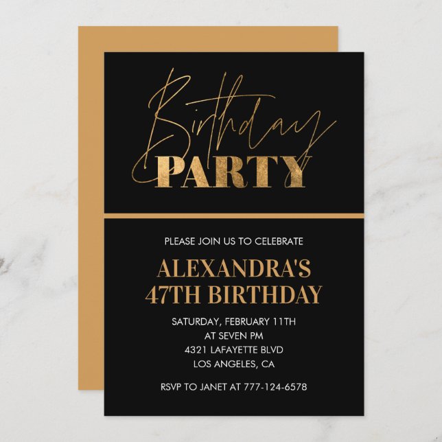 Elegant Black and Gold Script 47th birthday party Invitation (Front/Back)