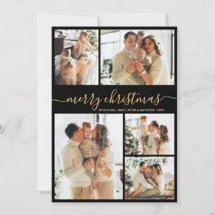 Elegant Black and Gold Script 5 Photo Christmas Holiday Card