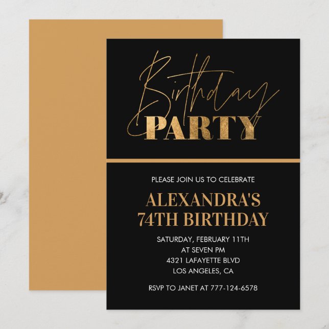 Elegant Black and Gold Script 74th birthday party Invitation (Front/Back)
