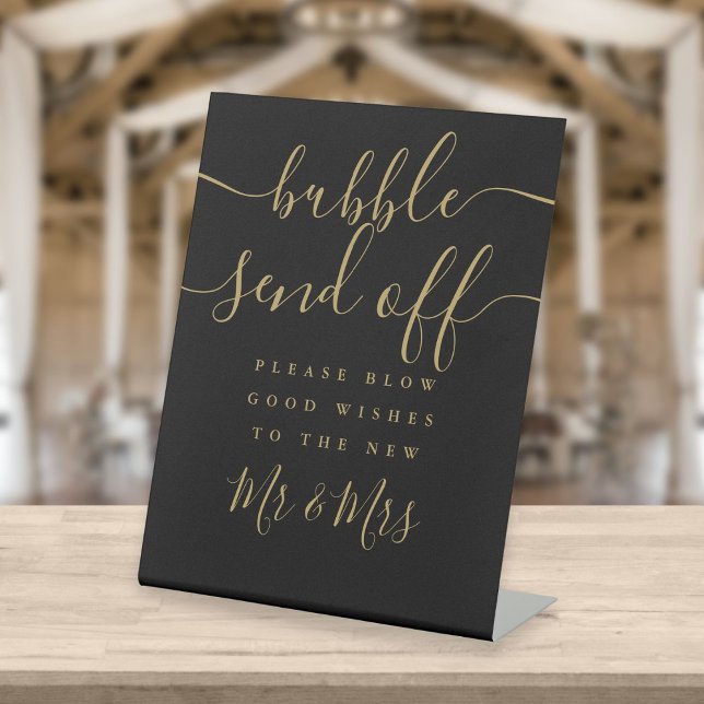 Elegant Black And Gold Script Bubble Send Off Pedestal Sign (Creator Uploaded)