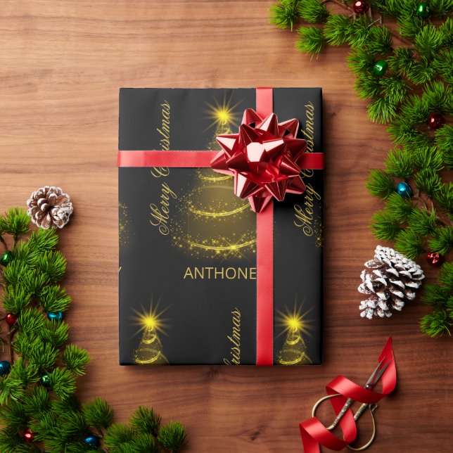 Elegant Black and Gold Script  Christmas Tree Wrapping Paper (Holiday Gift)
