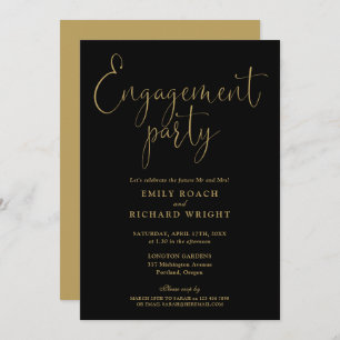 Elegant Black And Gold Script Engagement Party Invitation