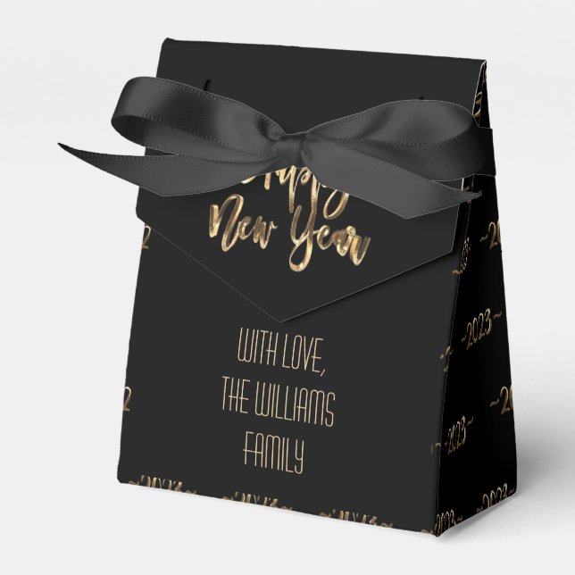 Elegant Black and Gold Script Happy New Year 2023 Favour Box (Front Side)