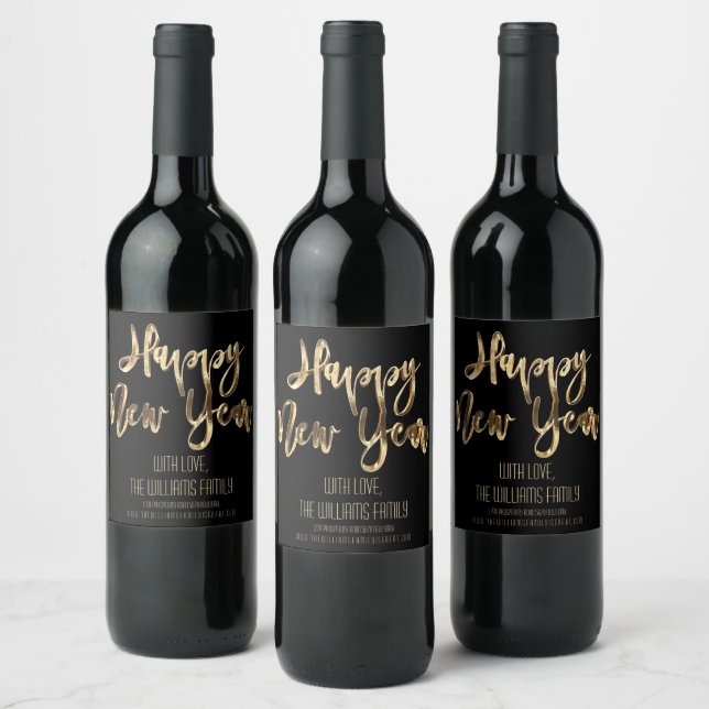 Elegant Black and Gold Script Happy New Year Wine Label (Bottles)