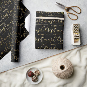 Elegant Black and Gold Script Merry Christmas Wrapping Paper