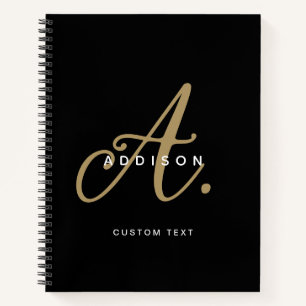 Elegant Black and Gold Script Monogram Notebook