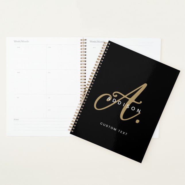 Elegant Black and Gold Script Monogram Planner (Display)