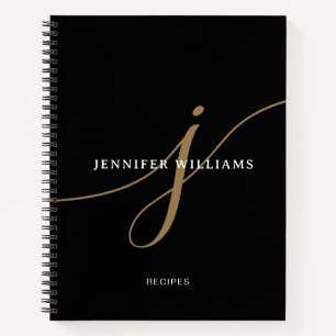 Elegant Black and Gold Script Monogram Recipe Notebook