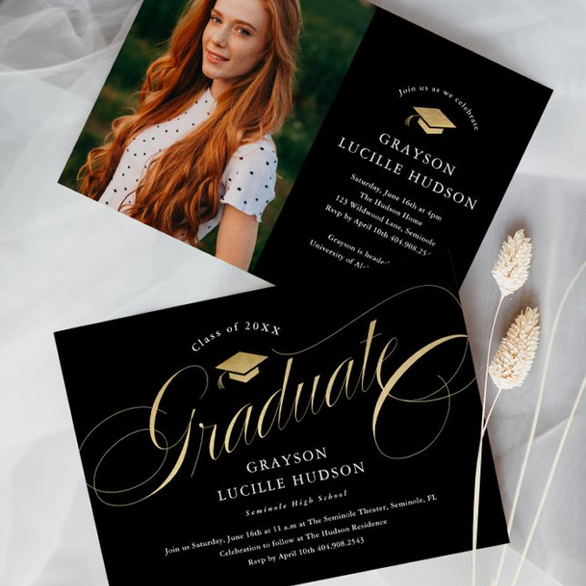 Elegant Black and Gold Script Photo Graduation Invitation (Elegant black and gold script graduate photo graduation announcement invitation cards.)
