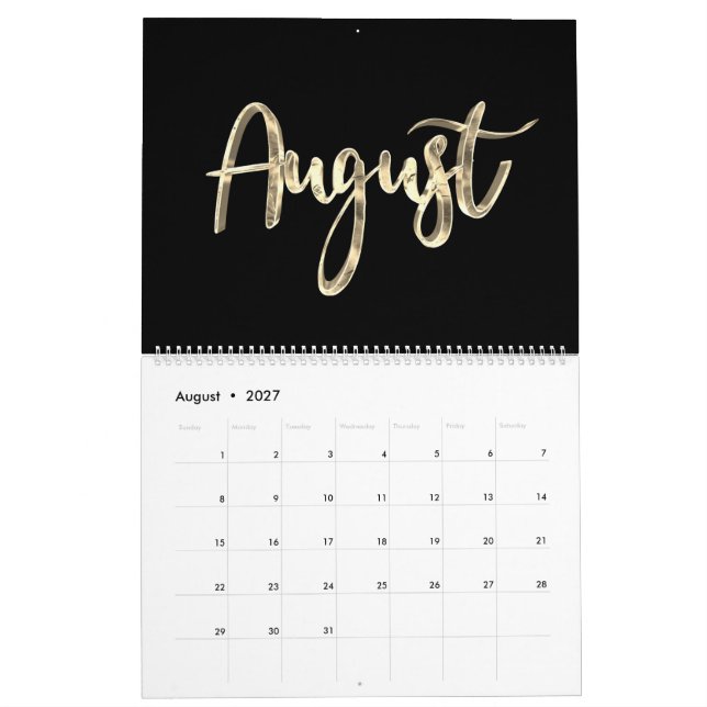Elegant Black and Gold Script Typography Modern Calendar (Aug 2027)