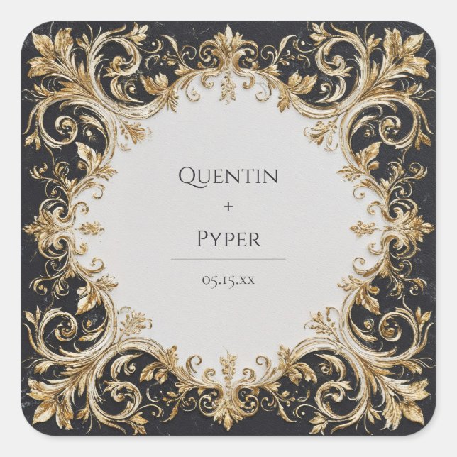 Elegant Black and Gold Scroll Wedding Sticker (Front)