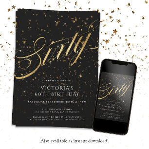 Elegant Black and Gold Sixty 60th Birthday Invitation
