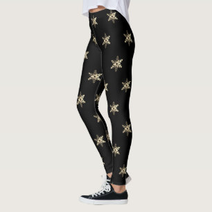 Elegant Black and Gold Snowflake Pattern Christmas Leggings
