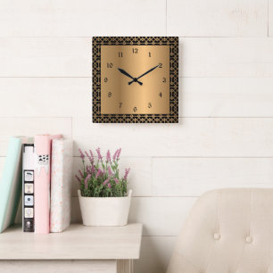 Elegant black and gold square wall clock