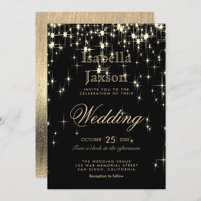 Elegant Black and Gold Starlights Wedding Invitation (Front/Back)